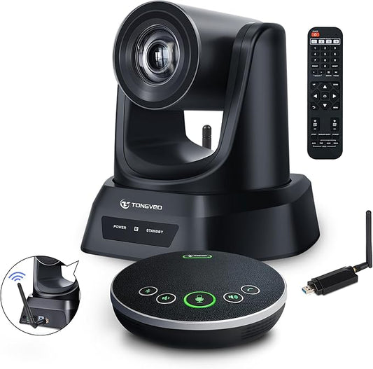 TONGVEO Wireless AI PTZ 20X Camera System with Auto Tracking Built-in Receiver & Bluetooth Speakerphone, 5.8GHz 1080P 60fps Conference Camera for Church Zoom, OBS Meetings