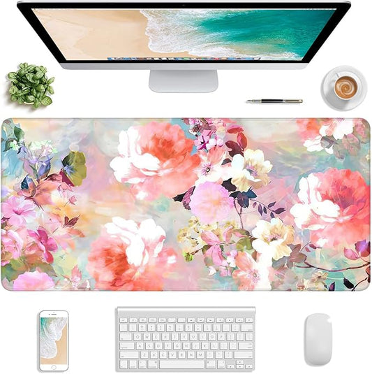 Atufsuat Extended Gaming Mouse Pad, XXL Large Desk Pad 30 x 14 Inch, Big Computer Keyboard Mousepad, Waterproof Mouse Mat with Stitched Edges and Non-Slip Base for Women Office Gaming, Flower