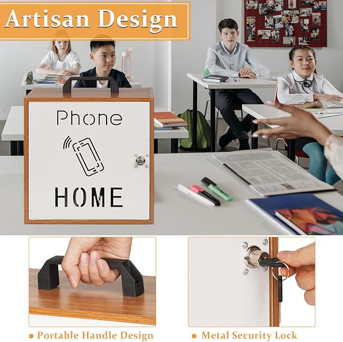 Lzttyee Cell Phone Holder Classroom 33 Slots Wooden Cell Phone Storage Cabinet Pocket Chart with Handle and Security Lock for Classroom Office (33 Grid Cabinet Cherry)