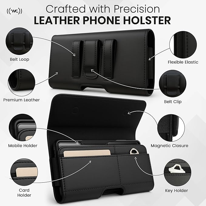 Wireless City Leather Phone Holster for iPhone Air 2025, 16 Plus/15 Plus/14 Plus/11 Pro Max/XS Max, Belt Phone Pouch with Card Slot, Magnetic Closure, Case Friendly
