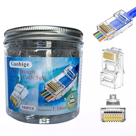 Gaobige 100-PACK Cat5 Cat5e Cat6 RJ45 Pass Through Connectors Ends, 1.1mm Unshielded Connectors for Solid Wire and Standard Cable