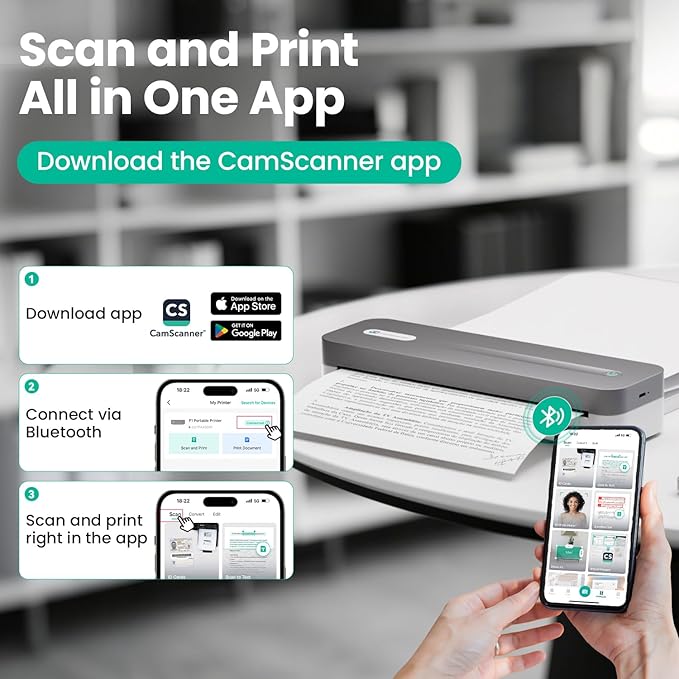 CamScanner P1 Pro Thermal Printer, Large Format Portable Bluetooth Inkless Printer with 1 Roll Paper 8.5x11 Inch, Compatible with iPhone ＆ Computer,Home Office Essentials