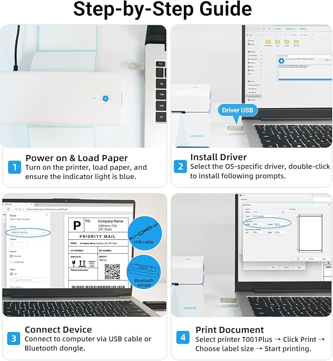 ORGSTA Bluetooth Thermal Shipping Label Printer: Wireless Computer Connection with Bluetooth Dongle, 4x6 Label Maker for Small Business, Compatible with iPhone, Android, Windows, Mac, Linux & Shopify
