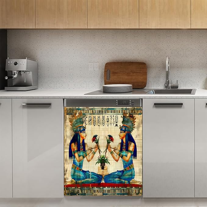 Dishwasher Magnet Cover Retro Ancient Egyptian Egypt Women Reusable Dishwasher Magnetic Cover Sticker Decorative Dish Washer Door Cover Panel for Home Kitcen Appliance, 21x26 in