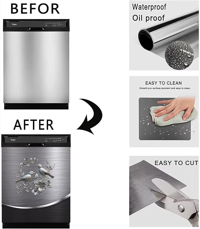 Dishwasher Cover Sheet Magnetic Bird Flower,Grey Metal Silver Pattern Polishing Dishwasher Skin Magnet Decor Silver Texture, 23X17 INCH Steelbird Magnet Rerigerator Wrap, Kitchen Full Panel Decal