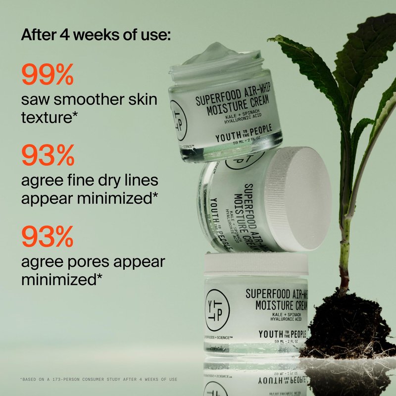 Youth To The People Superfood Air-Whip Moisture Cream Full Size - Kale + Green Tea Hyaluronic Acid Face Moisturizer, Smooths + Hydrates Up to 48HR with Dewy Glow, Non-Greasy Lightweight Gel - 2 fl oz
