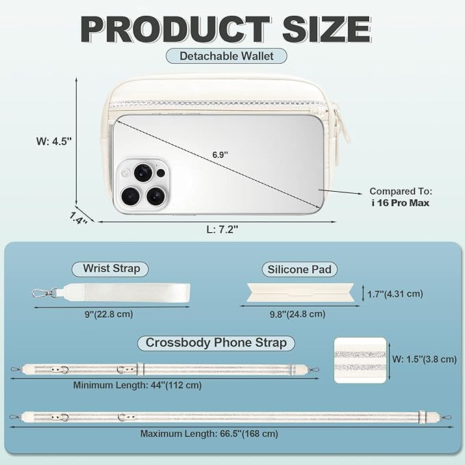 YFWE Clip and Go Strap for Phone with Wallet Crossbody, Adjustable Phone Lanyard with Detachable RFID Wristlet Wallet, Pattern Strap - Cream&Silver (L)