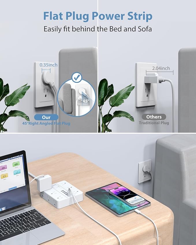 Power Strip 23ft Extension Cord,SMNICE Flat Plug with 12 Outlets 6 USB(2 USB C),Power Strip Charging Station with Overload Protection for Home, Dorm,Office