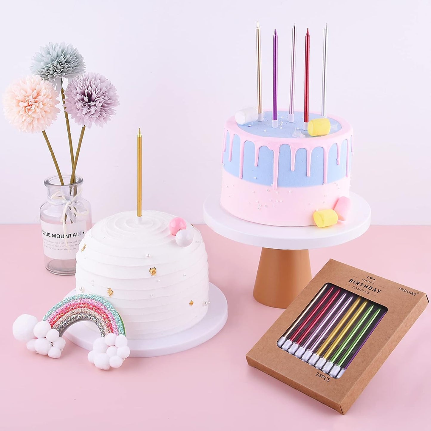 PHD CAKE Gold Long Thin Metallic Birthday Candles - Perfect for Parties & Weddings | Elegant Cake Decor