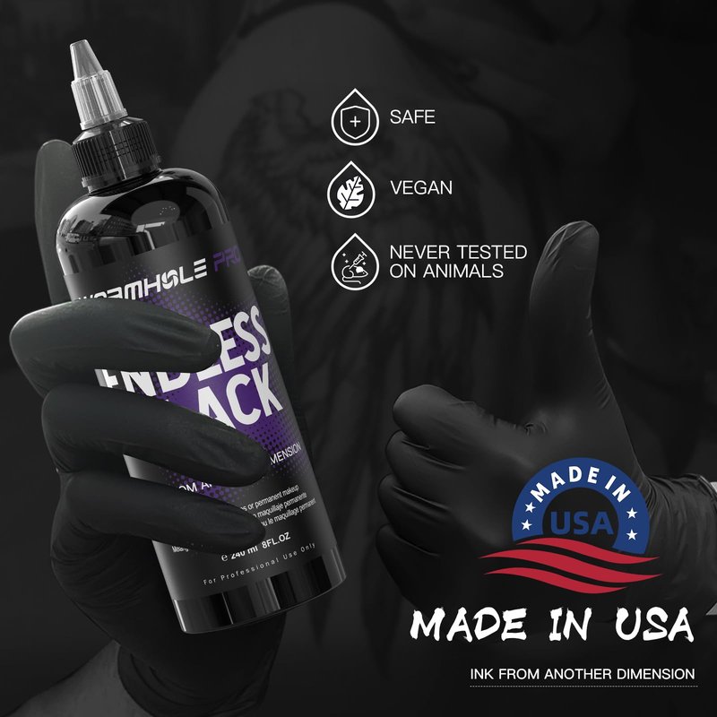 WORMHOLEPRO Black Tattoo Ink - Endless Black Ink, Long Lasting Vivid, Vegan Pigment for Old School, Tribal Tattoos (8 oz Bottle)