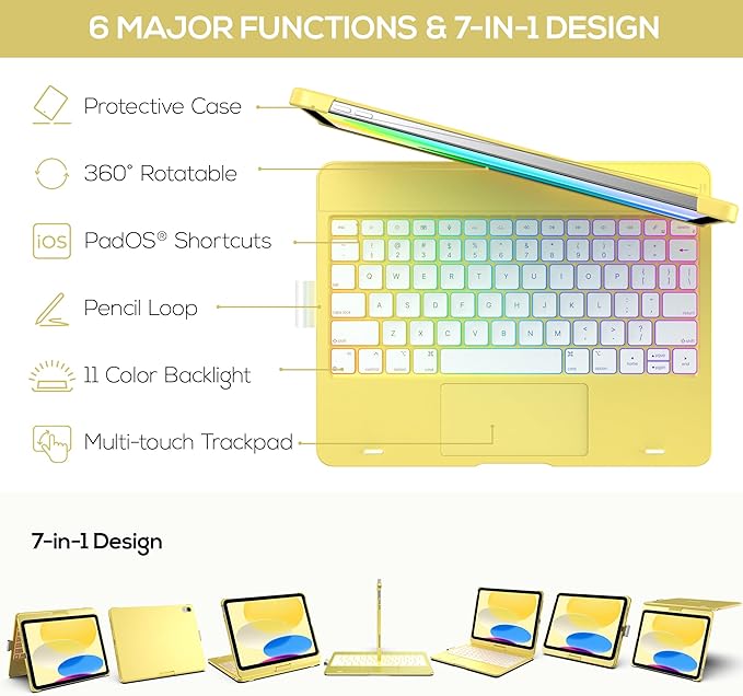 typecase Touch iPad 11th 10th Generation Case with Keyboard (11" 2025, A16 & 10.9" 2022) – 360° Rotatable, 11-Color Backlit, Multi-Touch Trackpad, Pencil Holder, Thin & Light – Yellow