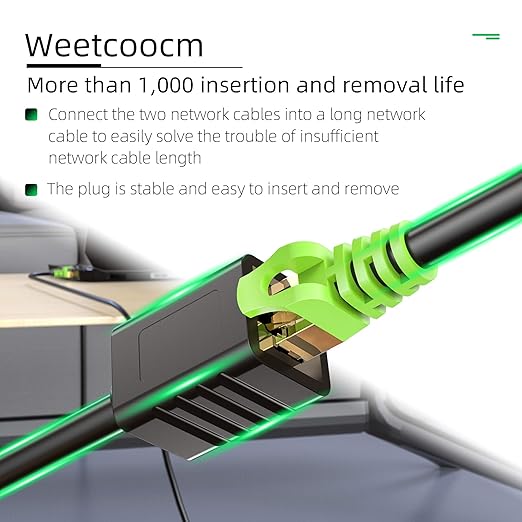 Weetcoocm Ethernet Extension Cable 6.5ft, Network Cat6a Extension Patch Cable RJ45 Cords Shielded Male to Female Connector (6.5FT)