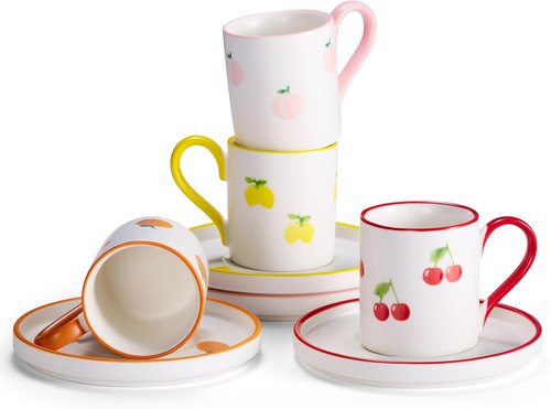 KooK Espresso Cups - Hand-Painted Porcelain Demitasse Set with Colorful Fruit Patterns | 3 oz, Set of 4