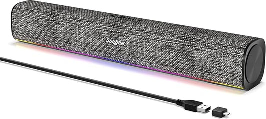 SOULION R100 Bluetooth Computer Speakers with Dynamic LED Light, USB Plug & Play PC Speakers with Switch Button, Clearly Sound Soundbar for Desktop Laptop Monitor Grey (USB-C to USB Adapter Included)