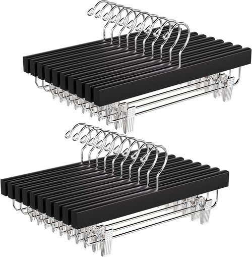 BAGAIL 20-Pack Wooden Pants Hangers - Adjustable Clips & 360° Swivel Hook | Space-Saving Skirt Holders (Black)