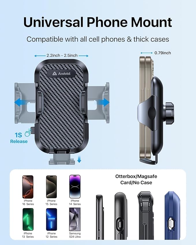 andobil Car Phone Holder, 2026 Military-Grade 89lbs Strongest Suction Phone Holders for Your Car Dashboard/Windshield/Vent Easy Clamp Car Phone Mount Stand for iPhone 17 16 15 14 13 Pro Max Samsung