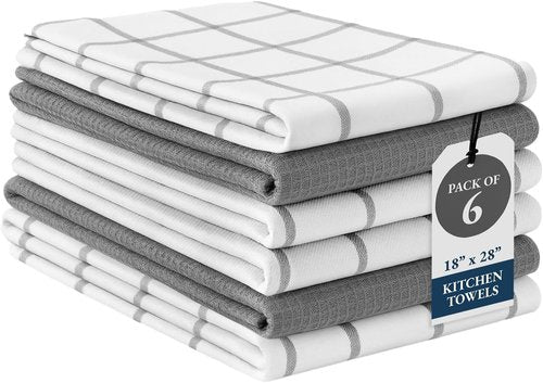 LANE LINEN Cotton Kitchen Towels Set - 6-Pack Absorbent Quick-Drying Dish Cloths, 18" x 28", Soft Grey