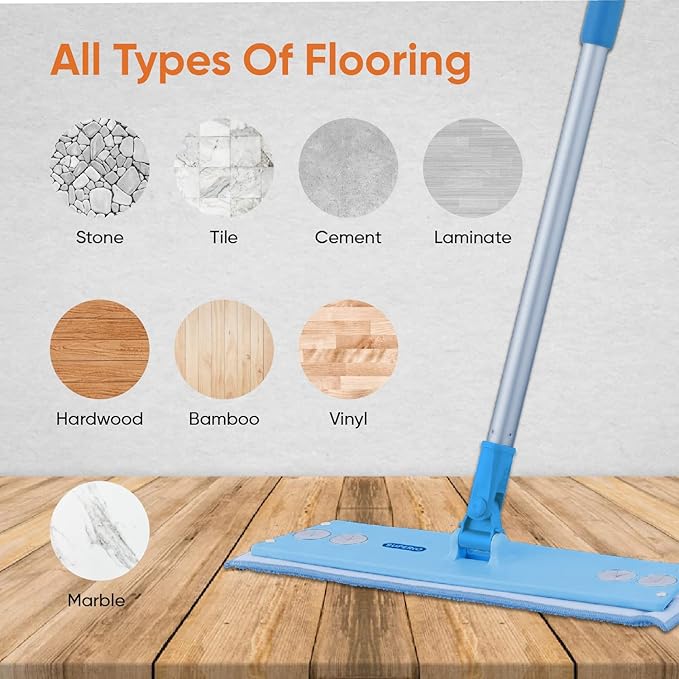 Superio Miracle Mop Set 2 Pack, Microfiber Flat Mop Wet and Dust Mop for Vinyl Plank, Hardwood, Laminate, Tile Flooring, Wall, with Aluminum Telescopic Handle, and Microfiber Mop Pad, Blue