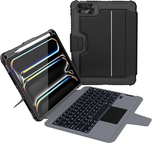 Nillkin iPad Pro 11 inch (M5, 2025/M4,2024) Case with Detachable Keyboard, Magic Trackpad, 7 Colors Backlit, Portrait/Landscape Modes, Rugged Keyboard Case for iPad Pro 11” 5th Gen, Black