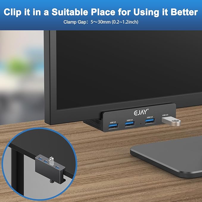 EJAY Clamp USB 3.0 Hub for Desk & Monitor, 4-Port 5Gbps High-Speed Under Desk USB Hub with 59in Extra Long Data Cable, Aluminum Multi Port Splitter for PC, Mac, Laptop, Black
