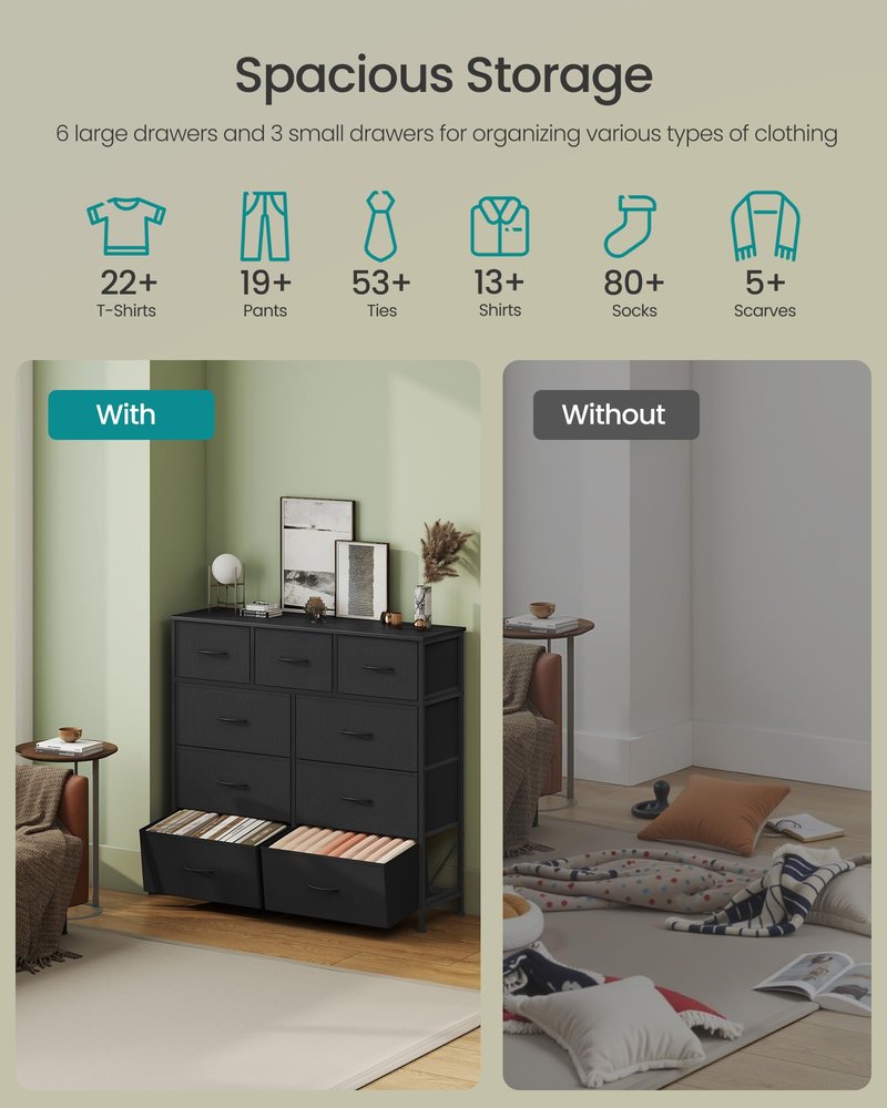 SONGMICS Dresser for Bedroom, Chest of Drawers, Steel, MDF, 9 Non-Woven Fabric Drawers, Storage Organizer Unit, Closet, Entryway, Ink Black and Ebony Black ULGS324B01S