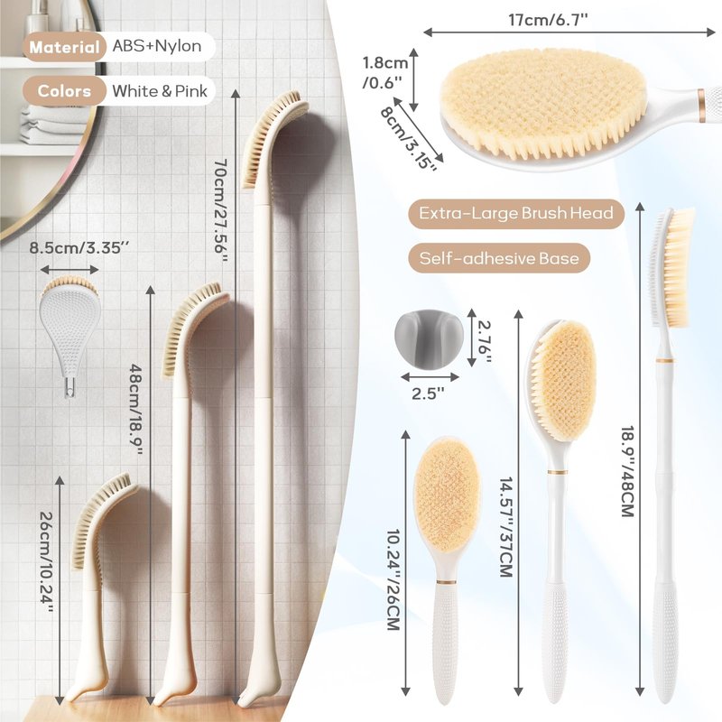 GEENOA New Foot Brush & Back Scrubber Set 2PCS, 10.2''- 27.5'' Adjustable Foot Scrubber for Shower, 18.9'' Shower Back Scrubber with 3-Length Usage, Great Aid for People with Limited Mobility(White)