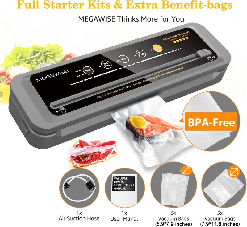 Vacuum Sealer Machine - 80kPa Suction Power | Includes 110 Vacuum Sealer Bags (8"x12") & Cutter