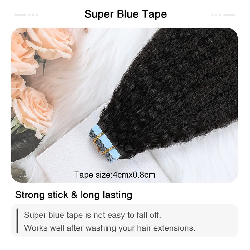 SUYYA Tape in Hair Extensions Human Hair Kinky Straight Tape in Extensions Natural Black 14 Inch Skin Weft 40g/Pack 20PCS Tape INS for Women (#1B Natural Black)