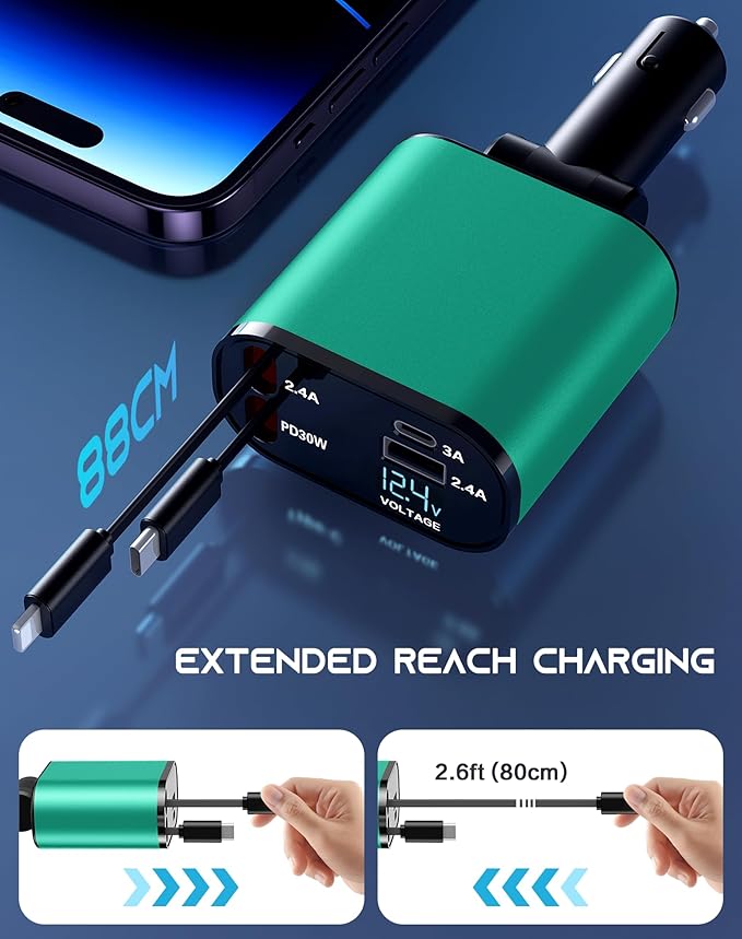 Mifanstech Retractable Car Phone Charger, 4 in 1 Fast Charge Car Phone Charger with 2 Retractable Cables(2.6ft) and 2 USB Ports, Compatible with iPhone15/14/15 Pro Max,Samsung (Bluish Green)