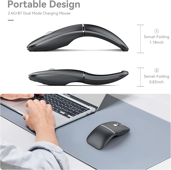WFB 180° Flip Ultra-Thin Wireless Mouse, Bluetooth 5.0 & 2.4GHz Rechargeable Silent Travel Mouse, Ergonomic Rotatable Design for Laptop, PC, MacBook, Chromebook