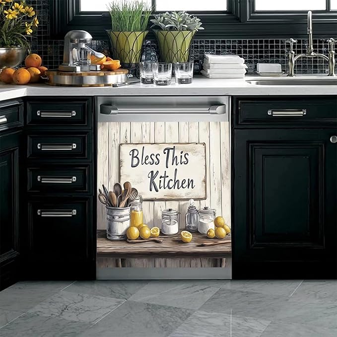 Vintage Spice Jar Tableware Dishwasher Magnet Cover Wooden Desktop Lemon Refrigerator Magnet Door Panels Home Kitchen Appliances Vinyl Stickers 23 W x 26 H