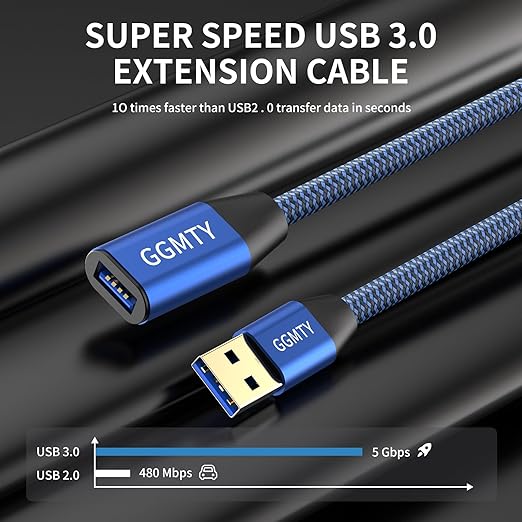 GGMTY USB 3.0 Extension Cable 3FT, Type A Male to Female Extender Cord, 5Gbps High Speed Data Transfer with 24/28 AWG Copper, Blue-Black Braided Sync Wire for Keyboard, Mouse, Flash Drive, PC