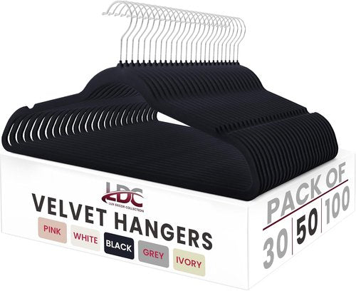 LDC Black Velvet Hangers - Premium Non-Slip Felt Clothes Hangers | 50 Pack with 360° Swivel Hook