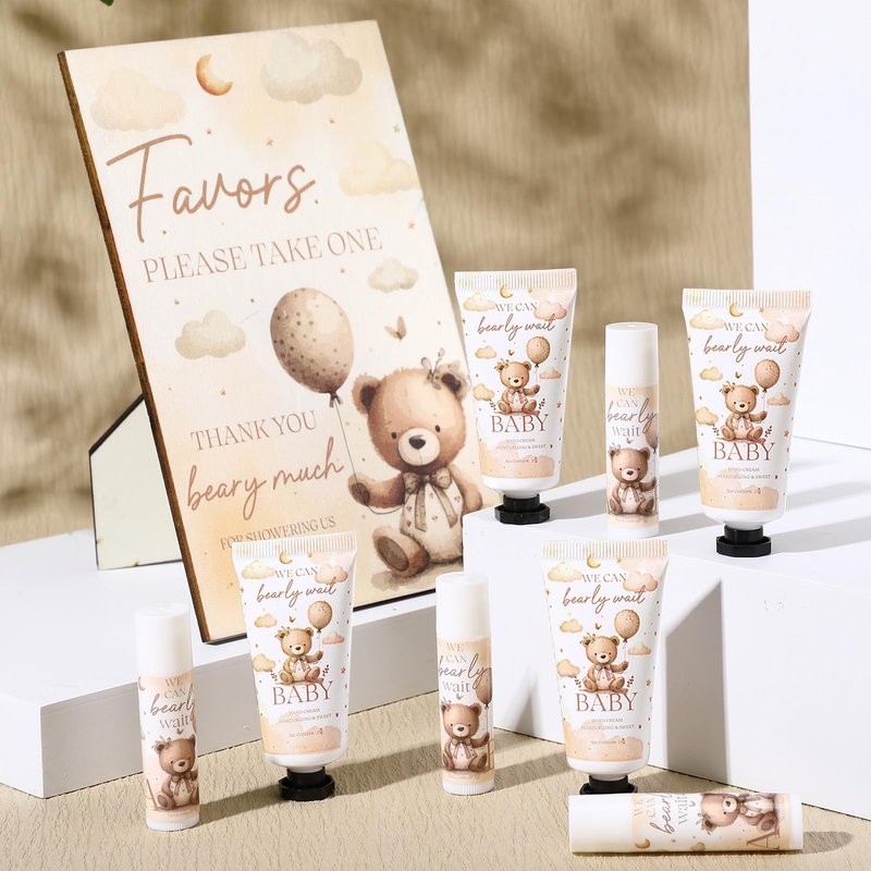 Dansib 30 Set Gender Reveal Gifts for Guests 30 Pcs Bear Baby Shower Hand Cream and 30 Pcs Lip Balm with 1 Wooden Stand for Guests Baby Shower Prizes Party Favors Gender Reveal Souvenirs
