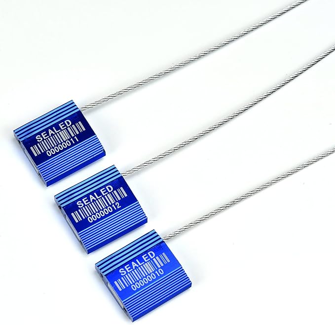 LeadSeals 50 Blue High Security Cable Seals With Barcode - Pull Tight Numbered Steel Anti-Tamper Shipping Self-Locking Tags for Logistics - ISO 17712 Certificated