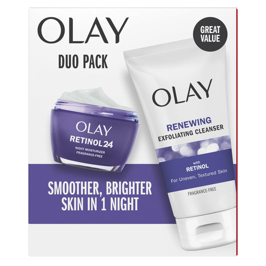 Olay Retinol 24 Duo Pack, Renewing Exfoliating Cleanser, Fragrance-Free 5.0 oz, Night Moisturizer, Fragrance-Free, 1.7 oz