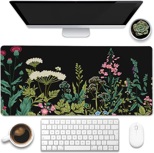 Eflxamz Large Gaming Mouse Pad for Desk,Wildflowers Night Desk Mat,Wild Floral Flower Desk Pad,Extended Big Computer Keyboard Mouse Pad with Non-Slip Base and Stitched Edge,35.4"x15.7"