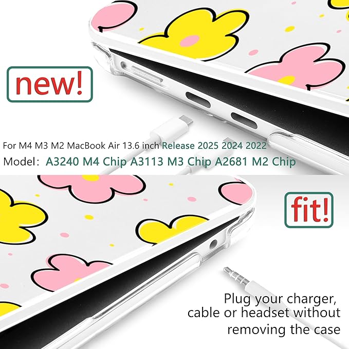 TWOLSKOO Compatible with MacBook Air 13 inch Case M5 2026 M4 2025 M3 M2 2024-2022 A3449 A3240 A3113 A2681, Plastic Hard Shell & Keyboard Cover for MacBook Air 13.6 inch Case, Cute Flowers
