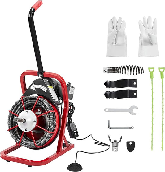 Drain Cleaner Machine 75FT x 1/2 Inch, Powerful Plumbing Auger with 4 Cutter Heads, Air-Activated Foot Switch, Gloves, Portable Sewer Snake for 1"-4" Pipes, Ideal for Bathroom and Kitchen Clogs