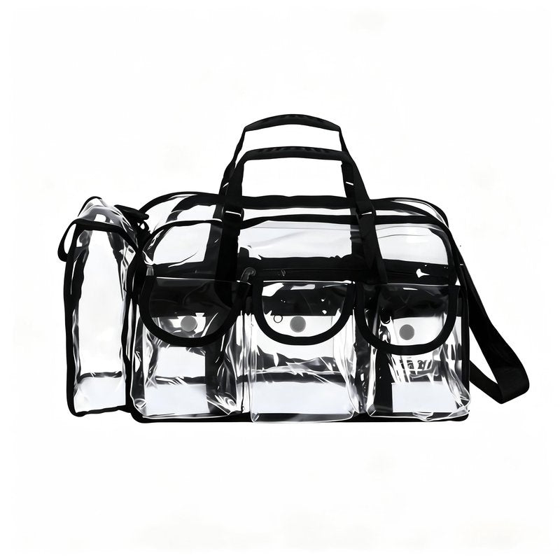 Jula Vance Large Clear Makeup Bag - Professional Transparent Vinyl PVC Makeup Kits Organizer for MUA Carry All Artist Traveling Cosmetic with 4 External Pockets & Tissue Holder