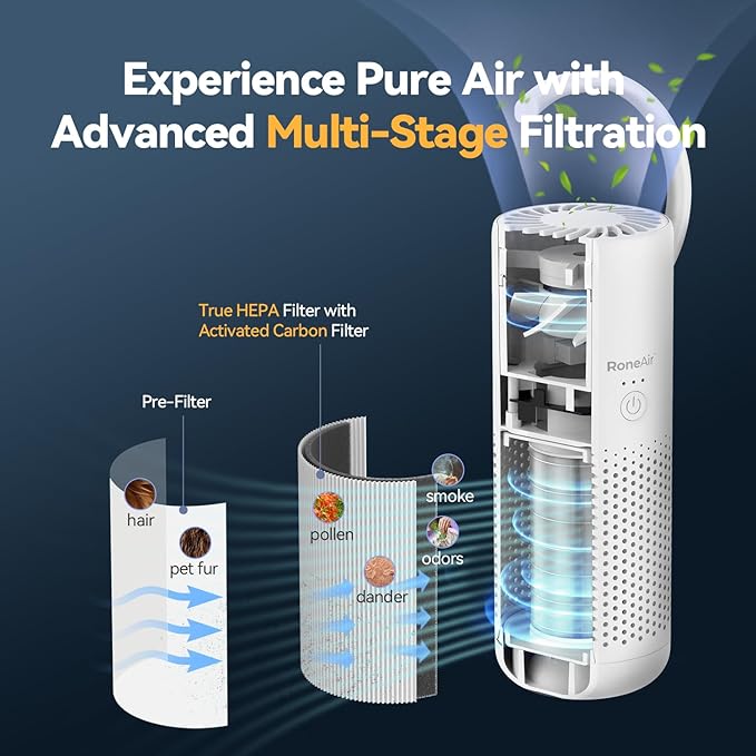 RoneAir Car Air Purifier, Cordless Portable Air Purifier for Car, Office, Small Room with True HEPA Filter, Travel Air Purifier for Smoke, 0dor & Dust with Aroma Chamber(White)