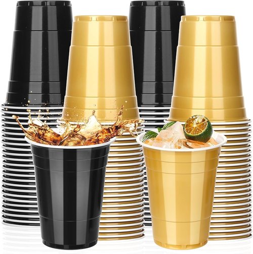 KesaPlan 100PCS 16 oz Black and Gold Disposable Plastic Cups - Perfect for Graduation, Weddings & Parties