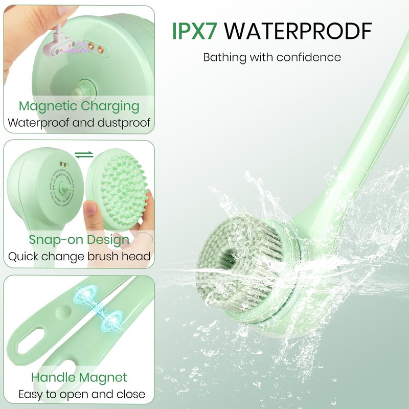 Electric Body Brush, Auto Spinning Back Scrubber for Shower, USB Rechargeable Bath Brush with Dual Long Handle, 5 Replaceable Heads, Waterproof Exfoliating Massage Brush for Skincare, Spa and Bath