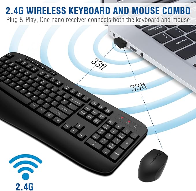 Wireless Keyboard Mouse Combo, EDJO 2.4G Full-Sized Ergonomic Keyboard with Comfortable Palm Rest and Optical Wireless Mouse for Windows, Mac OS PC/Desktops/Laptops (Grey)