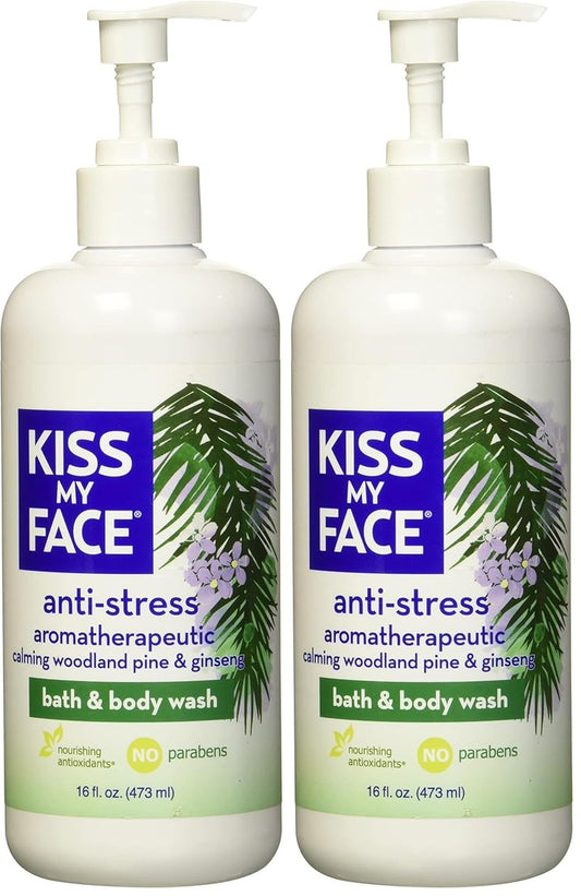 Kiss My Face Anti-Stress Shower Gel - Woodland Pine & Ginseng | Antioxidant Blend, 16 fl oz (Pack of 2)