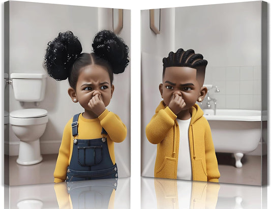 Regine Switzerland Funny Bathroom Canvas Wall Art - Cute Black Kids Stank Face Decor | 8x10in Prints