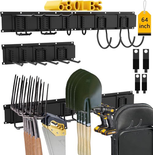 CBWLWJ Garage Tool Organizer - Heavy Duty 680 lbs Capacity Wall Mount Rack with 10 Adjustable Hooks | Black