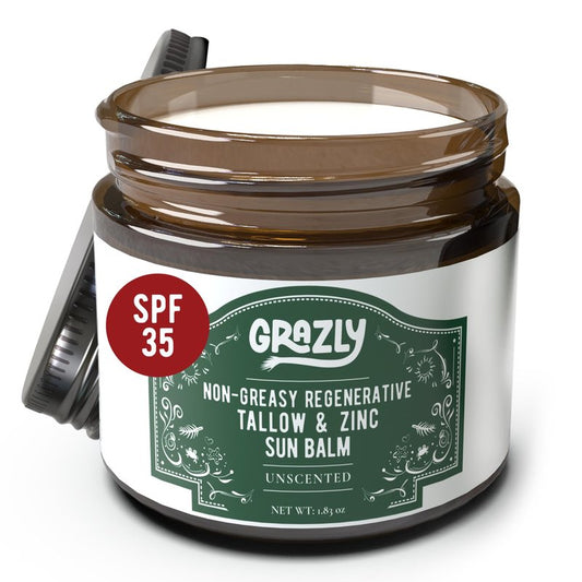 Grazly Beef Tallow Sunscreen SPF 35 – Unscented Water Resistant Zinc Sun Balm, Non-Greasy Natural Sunscreen for Face & Body – 4 Natural Ingredients: Non-Nano Zinc, Organic Coconut Oil, Beeswax- 1.8 oz