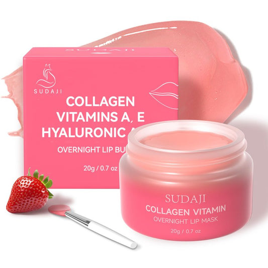 SUDAJI Collagen Lip Mask, Hydrating Lip Balm, Lip Moisture with Hyaluronic Acid & Vitamins E, A- Overnight Sleeping Nourishing Lip Butter Balm for Dry Lips 0.7 Oz