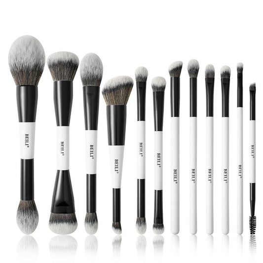 Double-Sided Makeup Brush Set - 12 Multi-Use Brushes for Contour, Foundation, Eyeshadow & More | Black & White Travel Kit